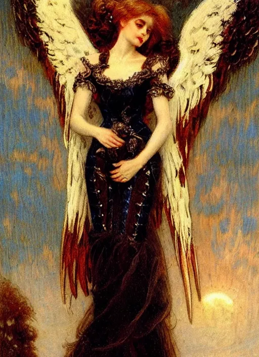 Image similar to vertical prtrait of an angel knight gothic girl, baroque dress. by gaston bussiere