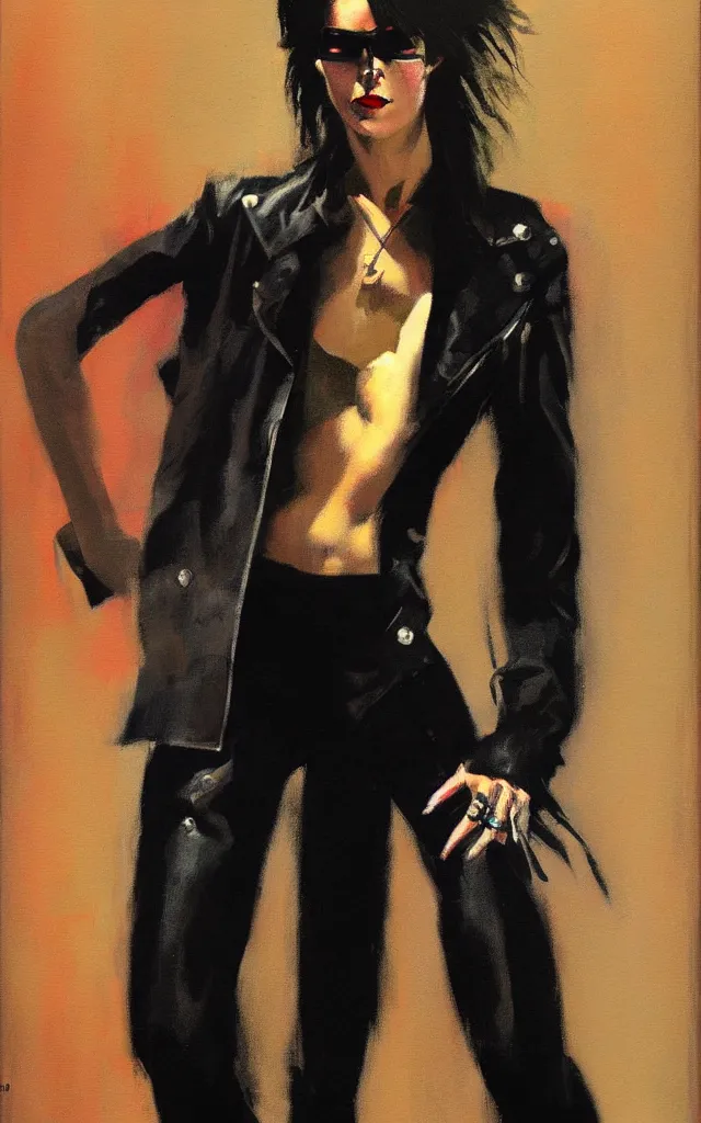 Image similar to full body portrait of an androgynous glam rocker in the style of phil hale, sfumato