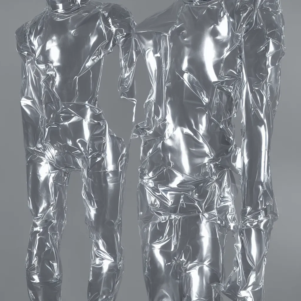 Prompt: a inflatable transparent human, chrome effect metallic