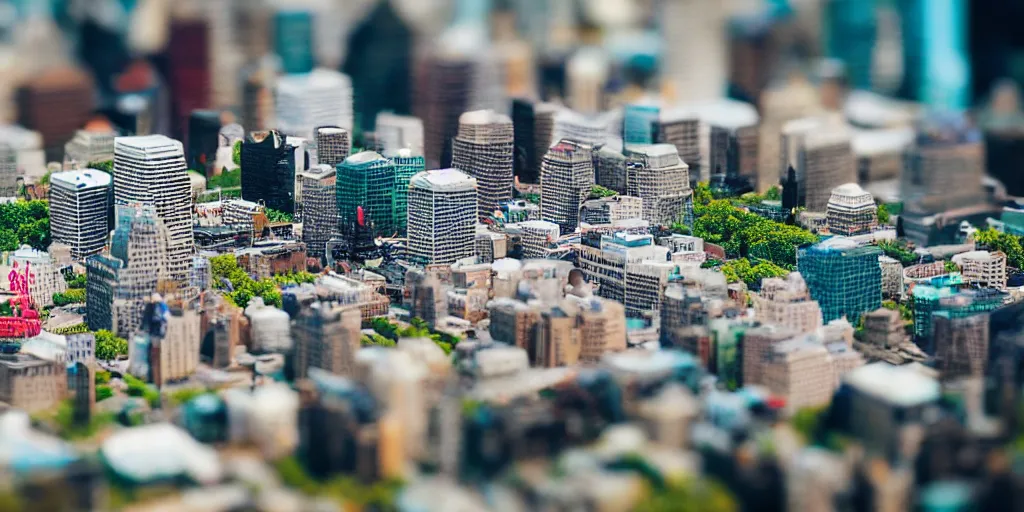 Image similar to a miniature diorama of downtown montreal, macro photography, tilt shift