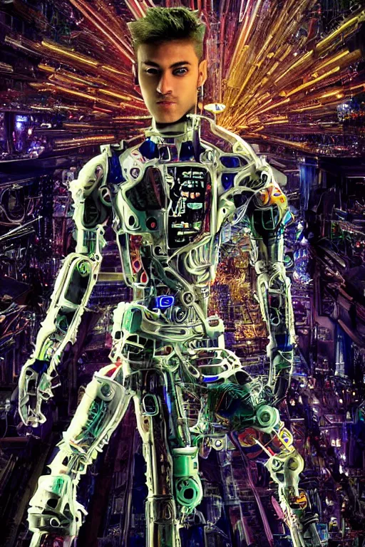 Prompt: full-body cyberpunk style chrome sculpture of a young handsome Latino prince as a half android with a chest opening exposing circuitry and electric sparks, glowing laser beam eyes, crown of giant diamonds, flowing neon-colored silk, fabric, raptors. baroque elements. full-length view. baroque element. intricate artwork by caravaggio. many many birds birds on background. Trending on artstation, octane render, cinematic lighting from the right, hyper realism, octane render, 8k, depth of field, 3D