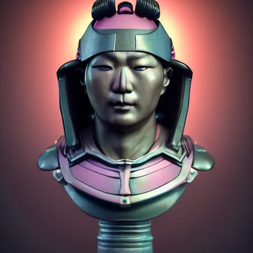 Image similar to portrait of a bust of a samurai head with futuristic fashion elements created by yuuki morita, brilliantly colored, octane render, 3 d animated, unreal engine 5, studio lighting, smooth surface