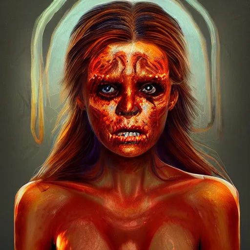 Prompt: A very detailed horrifying portrait painting of the princess of fire, 8k, trending on artstation cgsociety, masterpiece, in the style of DiscoDiffusion.