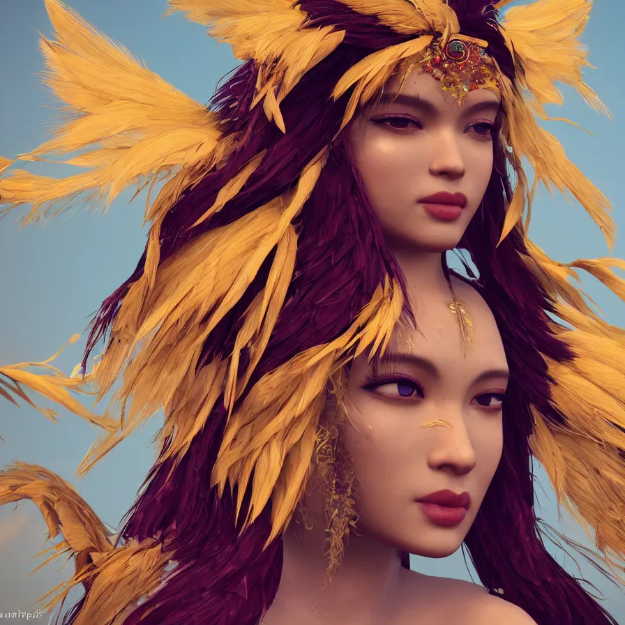 Prompt: closeup photoshoot of single asian goddess of bliss and honey, feathers hair, silk flowing in wind, totemic ritualistic tarot sigils embedded in ruby skin, photoreal, unreal engine, redshift render, trending on artstation