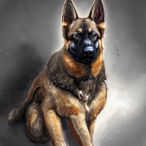 Image similar to a humanoid german shepherd beast - man in military style, sitting on the carpeted floor beside a bed, highly detailed portrait, digital painting, artstation, concept art, smooth, sharp foccus ilustration, artstation