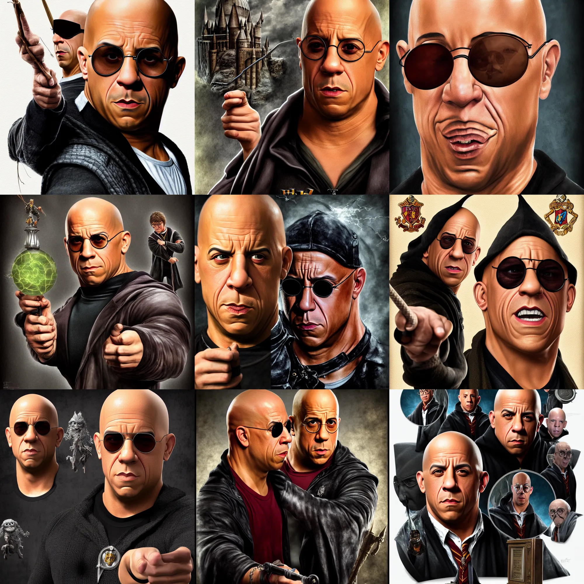 Prompt: a detailed 3d render of Vin Diesel disguised as Harry Potter, in the style of chris trejo and norman rockwell, ornate, photosynthetic,8k,award winning art, imdb, pixar, dreamworks, marvel studios,