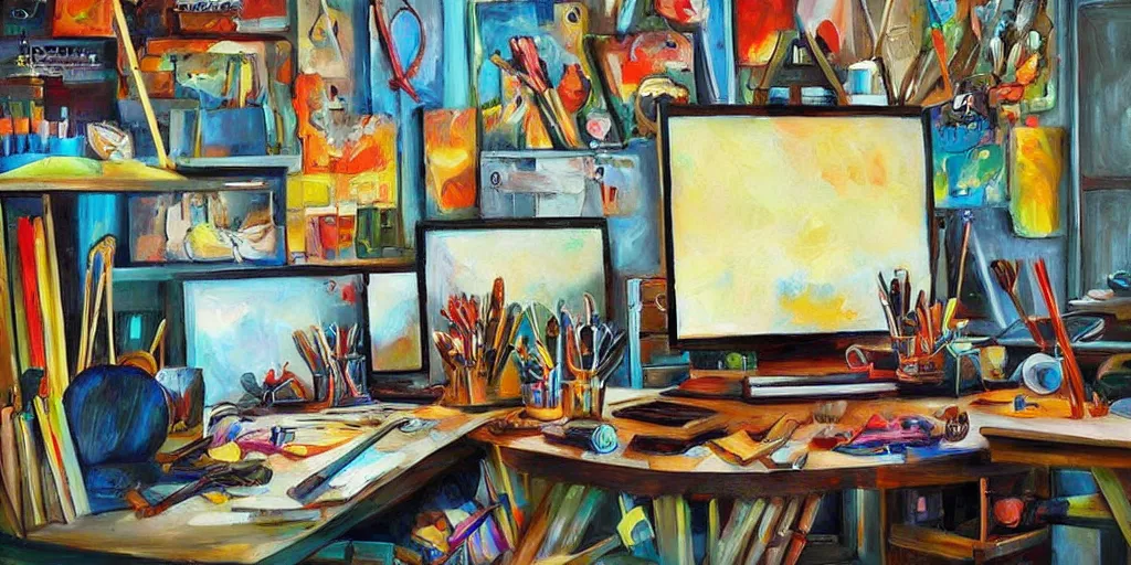 Prompt: artist painter workplace with tools and paints, art style by bryen frost