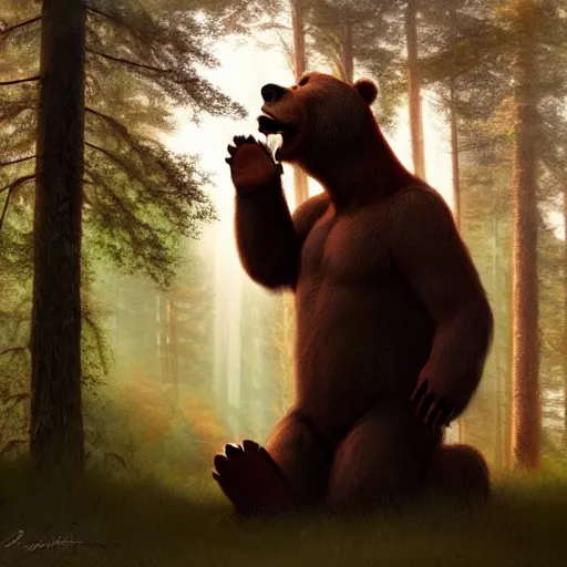 Prompt: a giant humanoid bear singing on a stage in a forest, digital art, detailed face, highly detailed, calm, deviantart, art by greg rutkowski, artstation, natural lighting, dramatic