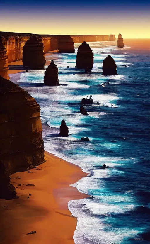 Prompt: a beautiful artwork illustration, twelve apostles Australia, high contrast, high contrast, high contrast, vibrant colors, vivid colors, high saturation, by Greg Rutkowski and Jesper Ejsing and Raymond Swanland, featured on artstation, wide angle, vertical orientation