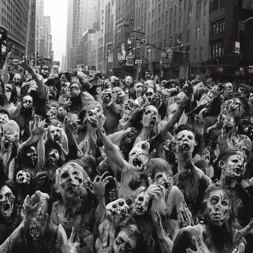 Image similar to horde of radioactive zombies staggering in new york city street, 1970s, 35mm film look, Kodak Portra 400, 8k