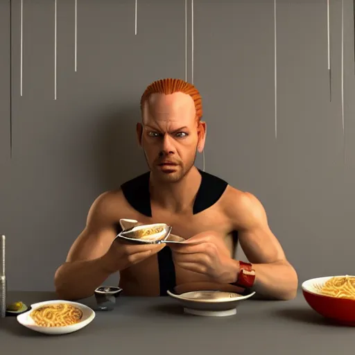 Image similar to Korbin Dallas from the movie The Fifth Element eating a bowl of ramen, 8k resolution, extremely detailed, octane render