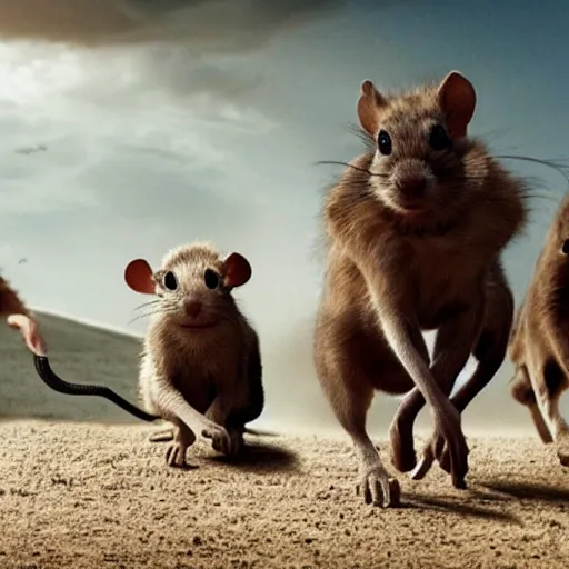 Image similar to 3 blind mice in cinematic race with horses of the apocalypse