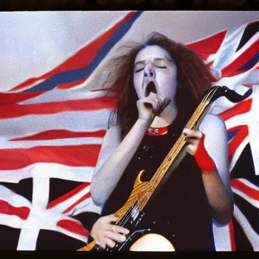 Image similar to 1 9 - year - old girl in a traditional doom metal band, new wave of british heavy metal, live in concert, live 1 9 8 6, united kingdom flags, union jack, playing electric guitar, headbanging crowd of longhairs, audience of longhairs, super 8 mm, grainy photo, colorized