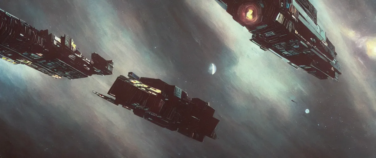 Image similar to concept art, a single spaceship, a ship drifting, deep space exploration, the expanse tv series, industrial design, dynamic angle, spatial phenomena, cinematic lighting, 4k, greebles, widescreen, wide angle, beksinski, sharp and blocky shapes