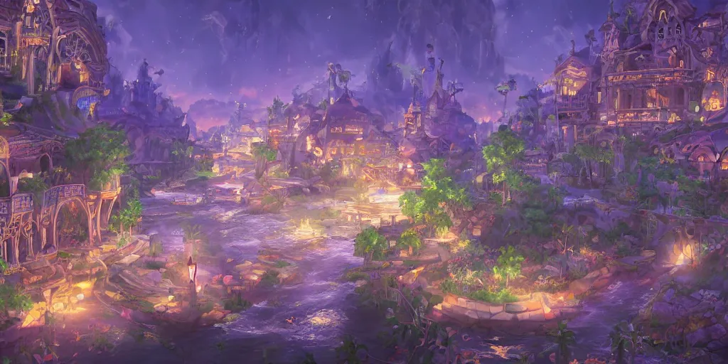 Image similar to beautiful and immersive magical town, magical buildings, bioluminescent forest surrounding, gentle rivers flowing through town, visual novel key visual, award - winning digital art on pixiv, trending on artstation - highly detailed, hyperrealistic, unreal engine 5, in the style of kingdom hearts