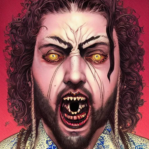 Image similar to portrait closeup of crazy post malone as vampire, symmetrical, by yoichi hatakenaka, masamune shirow, josan gonzales and dan mumford, ayami kojima, takato yamamoto, barclay shaw, karol bak, yukito kishiro