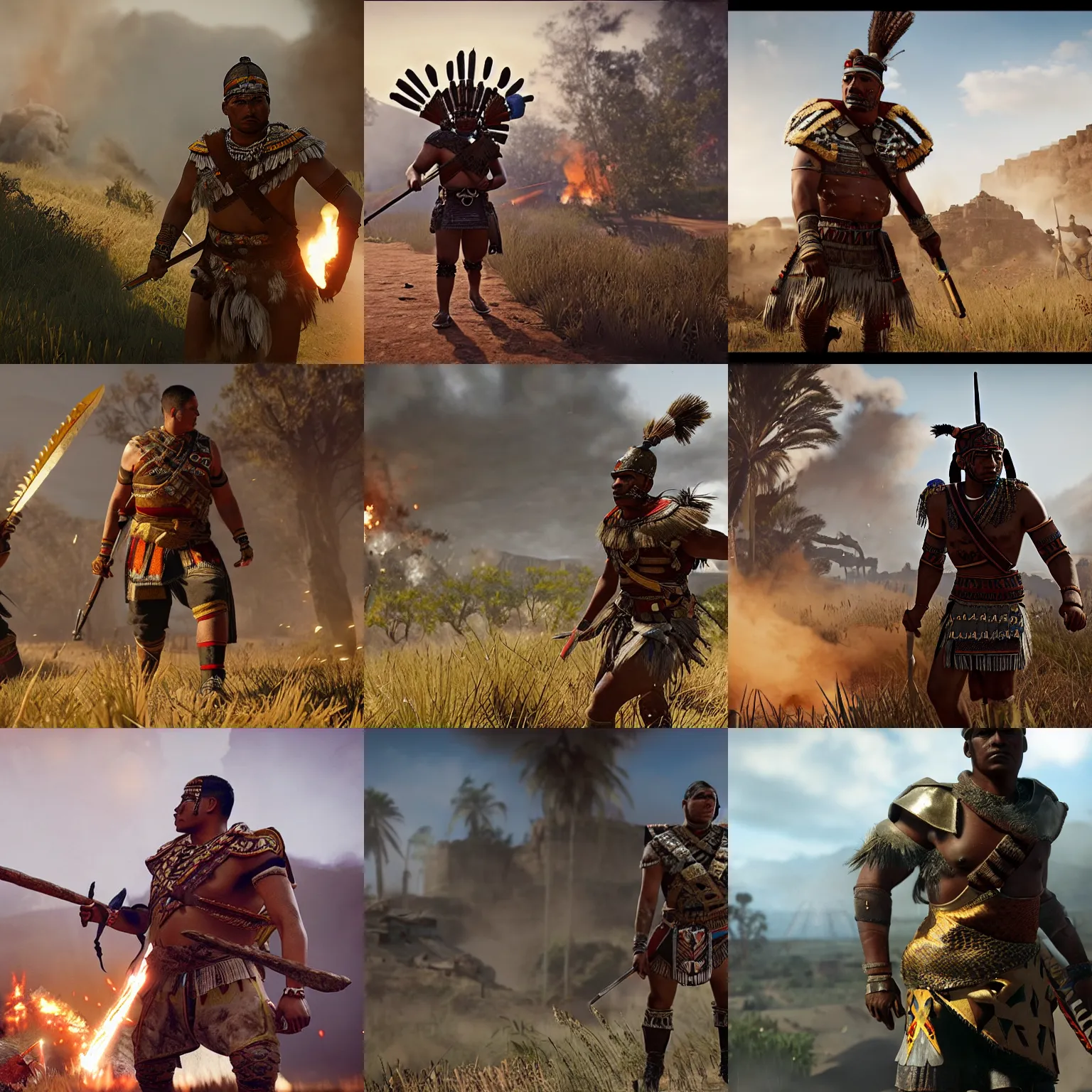 Prompt: an aztec warrior, screenshot from'battlefield 1'