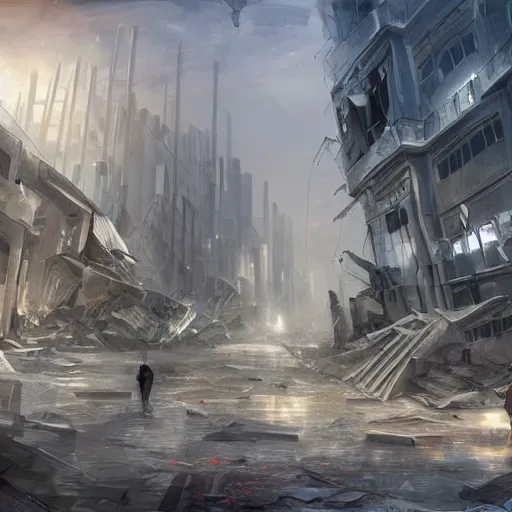 Image similar to damaged city, high - tech, concept art
