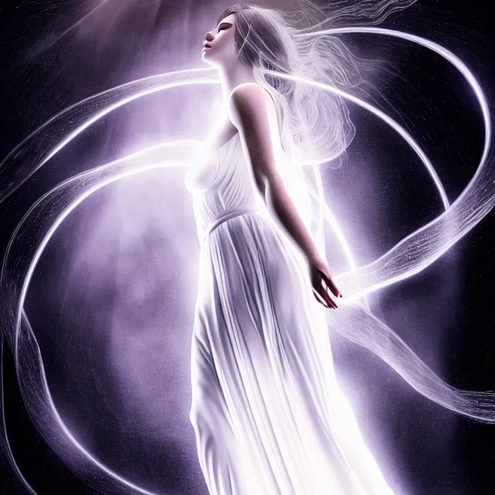 Prompt: a beautiful female goddess, in a flowing white translucent gown, entwined by light frequencies and wiring, octane render, floating in the universe, surrounded by stars and black holes, darkly surreal, light shining through, hyper - realistic, highly detailed, sharp focus, smooth, intricate