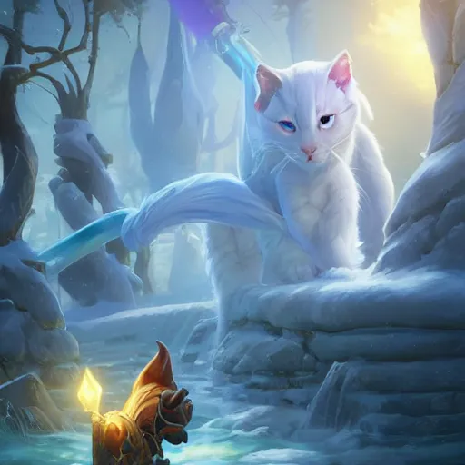 Image similar to jaina proudmoore pets a white kitty, world of warcraft, digital art, dmitry prozorov style, artstation, rhads and greg rutkowski and james gurney, extremely detailed, volumetric lighting, ultra quality, 8 k, sharp focus, ray tracing