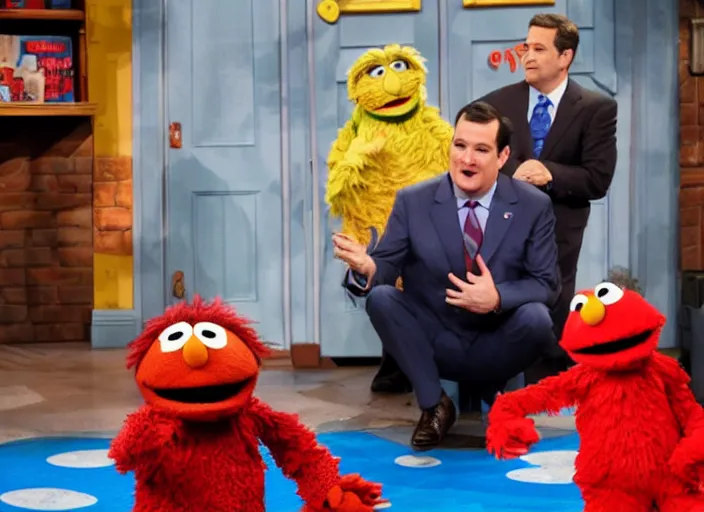 Image similar to ted cruz in the fetal position crying on the floor, on sesame street
