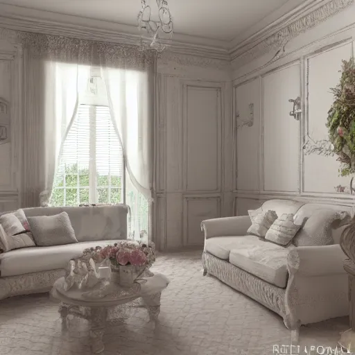 Image similar to a detalied 3 d render of a shabby chic living room, photorealism