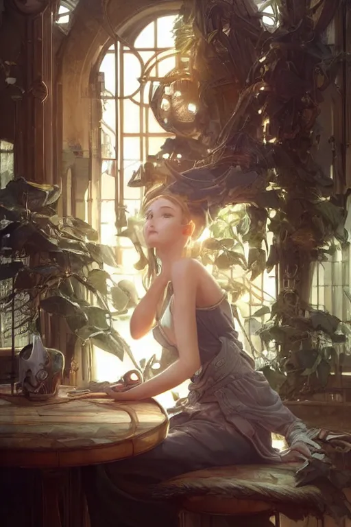 Image similar to an attractive serene cute android in a cafe, partially human , partially biomedical design , natural atmosphere, great high details, highly reaslitic, cinematic lighting, intricate, elegant, super highly detailed, art station, concept arD, beautiful, delicate, art by artgerm and greg rutkowski and alphonse mucha and loish and WLOP