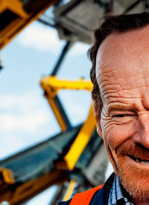 Image similar to closeup portrait of cheerful bryan cranston with crane arms, construction, yellow hardhat, sitting in a crane, natural light, bloom, detailed face, magazine, press, photo, steve mccurry, david lazar, canon, nikon, focus