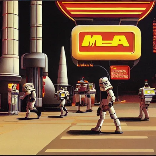 Image similar to intricately detailed ralph mcquarrie concept art of a futuristic mcdonalds with the golden arches displayed. a space station is seen off in the distance with various droids and people walking in the foreground. a trooper is seen holding a brown mcdonalds bag.