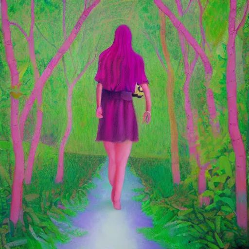 Image similar to a pink mage walking through a lush psychedelic forest, oil painting, by martin wiegand