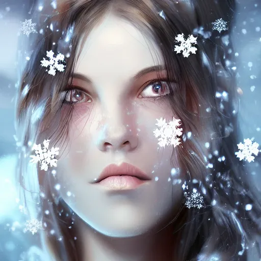 Image similar to pretty snowflakes morphing coalescing into face. artstation award cgsociety