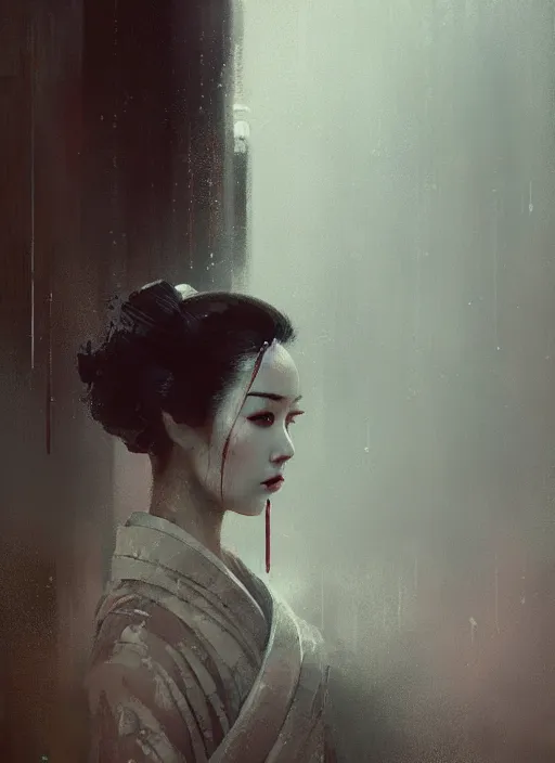 Image similar to female geisha girl, beautiful face, bladerunner, rule of thirds, intricate outfit, spotlight, by greg rutkowski, by jeremy mann, digital painting