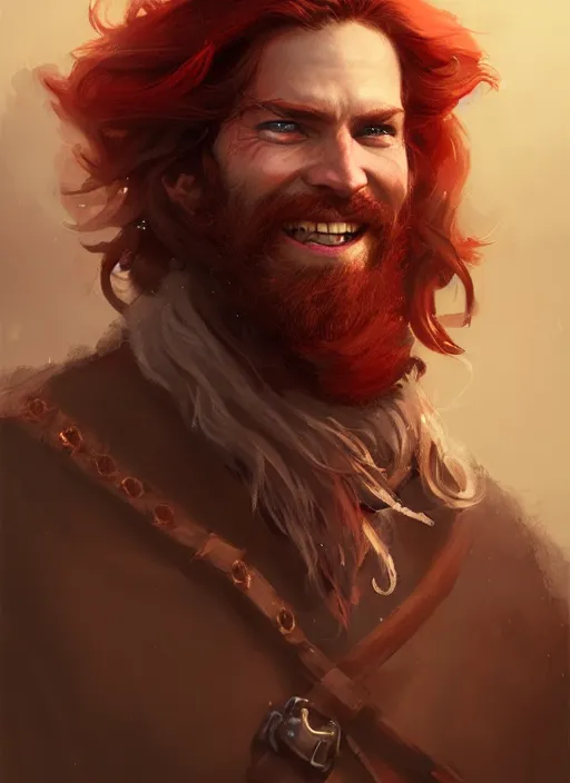 Prompt: portrait of a young ruggedly handsome but joyful pirate, male, masculine, full body, red hair, long long hair, d & d, fantasy, intricate, elegant, highly detailed, digital painting, artstation, concept art, matte, sharp focus, illustration, art by greg rutkowski