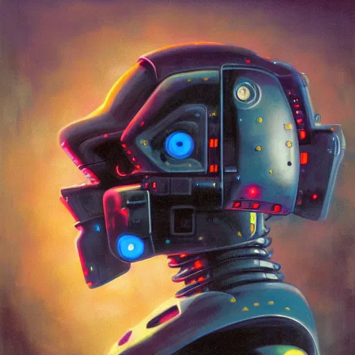 Image similar to a dark and colorful close - up side profile portrait of a sci - fi mecha robot with led lights glowing fog in the background. highly detailed science fiction painting by norman rockwell, frank frazetta, and syd mead. rich colors, high contrast, gloomy atmosphere, dark background. trending on artstation