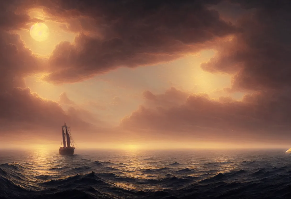 Image similar to strange sea surface of autumn planet at sunset, sailing ship on horizon, ultra high definition, ultra detailed, symmetry, fog, matte painting, by greg rutkowski and ross tran and wlop