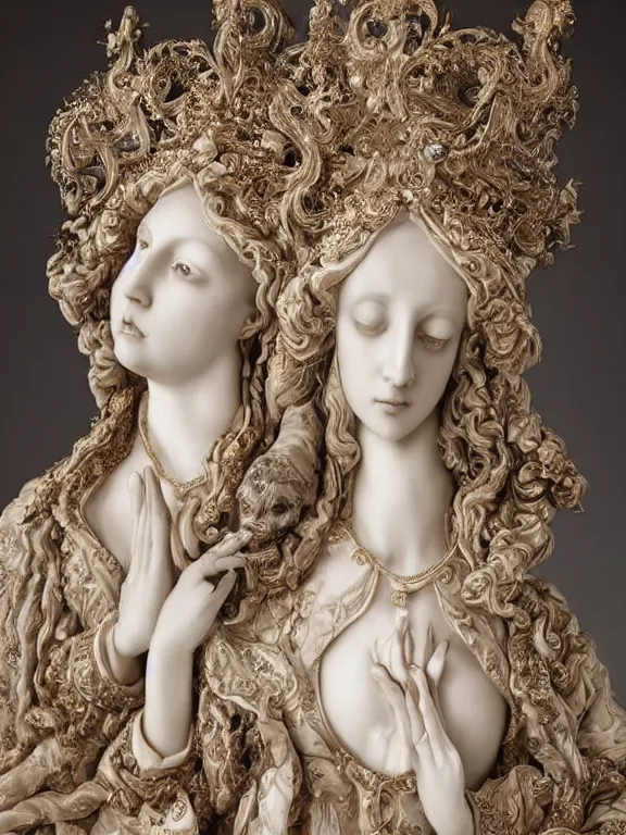 Image similar to a beautiful portrait render of two baroque catholic veiled queen sculpture with symmetry intricate detailed ,heart,pray,love,crystal-embellished,by Daveed Benito,LEdmund Leighton,Virginie Ropars,peter gric,aaron horkey,Billelis,trending on pinterest,hyperreal,gold,silver,ivory,maximalist,glittering,golden ratio,cinematic lighting