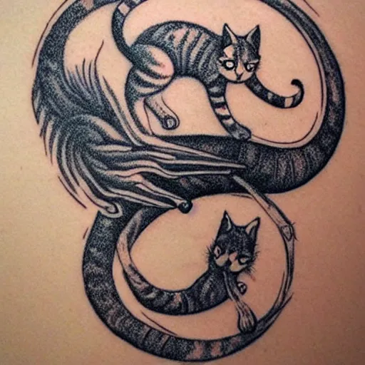 Image similar to one cat biting it's tail, Ouroboros, circle 0f life, tattoo design, designed by Iain McCaig