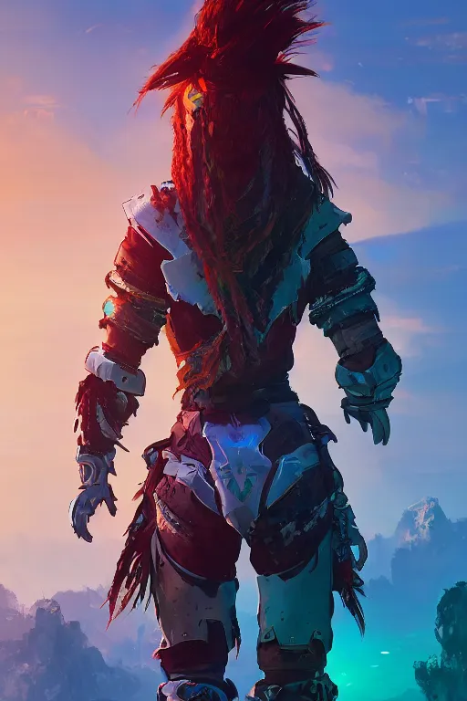 Image similar to combination suit armor aloy horizon forbidden west horizon zero dawn radiating a glowing aura global illumination ray tracing hdr fanart arstation by ian pesty and alena aenami artworks in 4 k tribal robot ninja mask helmet backpack