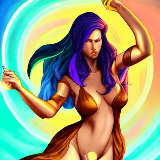 Prompt: sorceress by artgerm, brunette, casting a spell, rainbow coloured magic sparks, full body