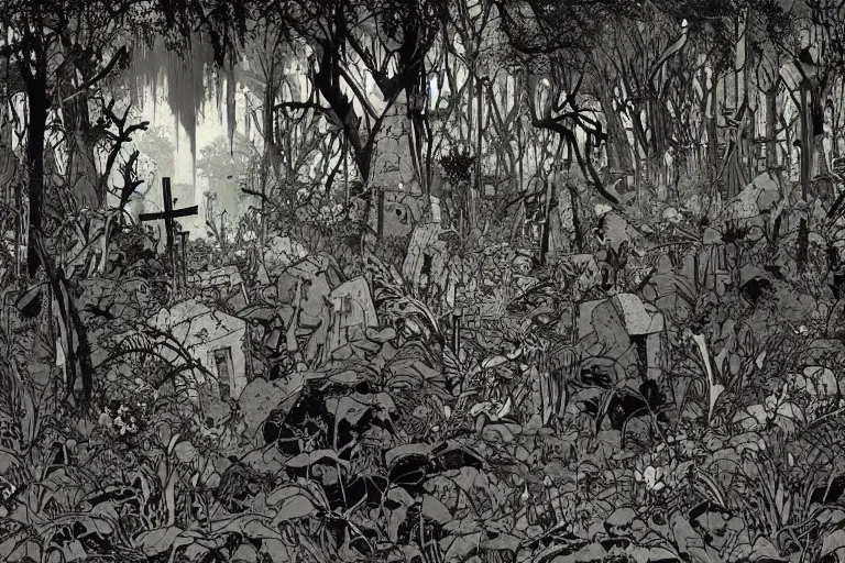 Prompt: abandoned overgrown graveyard, shadowy figures, spiny giant plants bursting through them, surreal, very coherent, intricate design, painting by Laurie Greasley, part by Yoji Shinkawa, part by Norman Rockwell