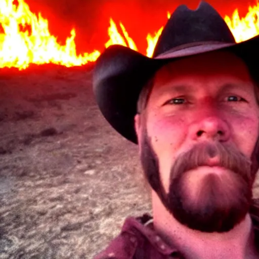 Image similar to a selfie taken by a cowboy in hell, surrounded by fire