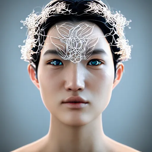 Image similar to intricate highly detailed face portrait of asian - european woman, light blue metal vines on her face, intricate, cgsociety, unreal engine, octane render, sharp focus, smooth, volumetric lighting, cinematic composition, artstation