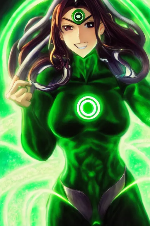 Image similar to anime key visual of a beautiful female green lantern, intricate, glowing accents, powers, glowing ring, speed, goddess, dc comics, cinematic, stunning, highly detailed, digital painting, artstation, smooth, hard focus, illustration, character concepts by senior concept artist