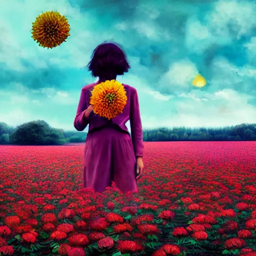 Image similar to giant dahlia flower head, full body girl standing in a flower field, surreal photography, sunrise, dramatic light, impressionist painting, colorful clouds, digital painting, artstation, simon stalenhag