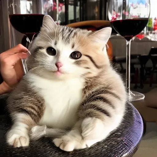 Image similar to chonky cats living lavish life drinking wine eating at the restaurant