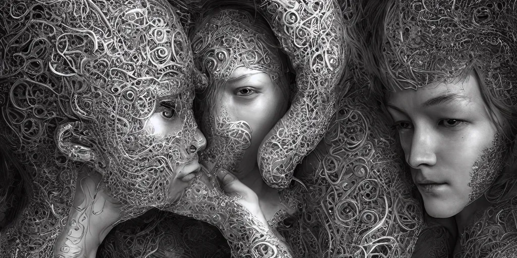 Image similar to hyper realistic photography of a stunningly cyborg female and male, intimate, intricate filigree, in the style of beth cavener, jin kagetsu, and wlop, highly detailed, chrome face symmetry, masterpiece, award - winning, sharp focus, concept art, high key, ambient lighting, 8 k, octane render,