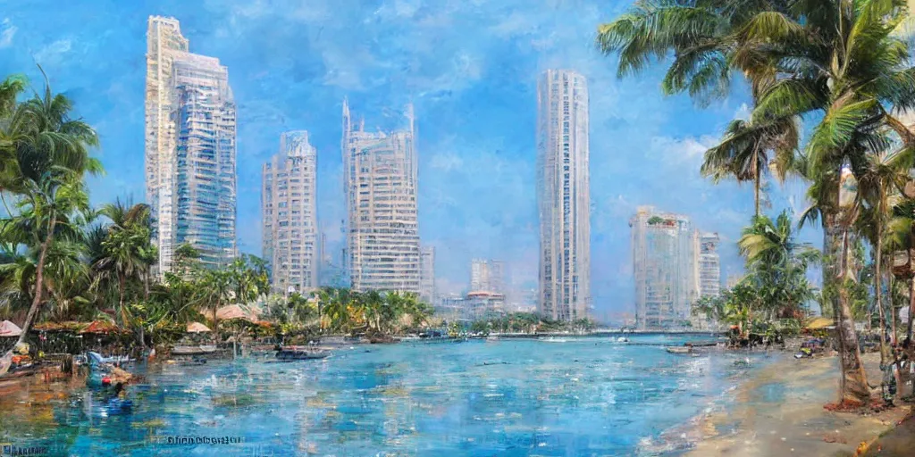 Image similar to colombo sri lanka cityscape, ocean, colombo world trade centre, art by Daniel F. Gerhartz