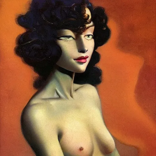Image similar to a oil painting of a fair skin with dark curly stylised hair queen wearing dress, by hans emmenegger, by bruce pennington, by eyvind earle, by nicholas roerich, by frank frazetta, by georgia o keeffe, by dean cornwell, highly detailed, realistic, concept art, jewels, oriental, desaturated