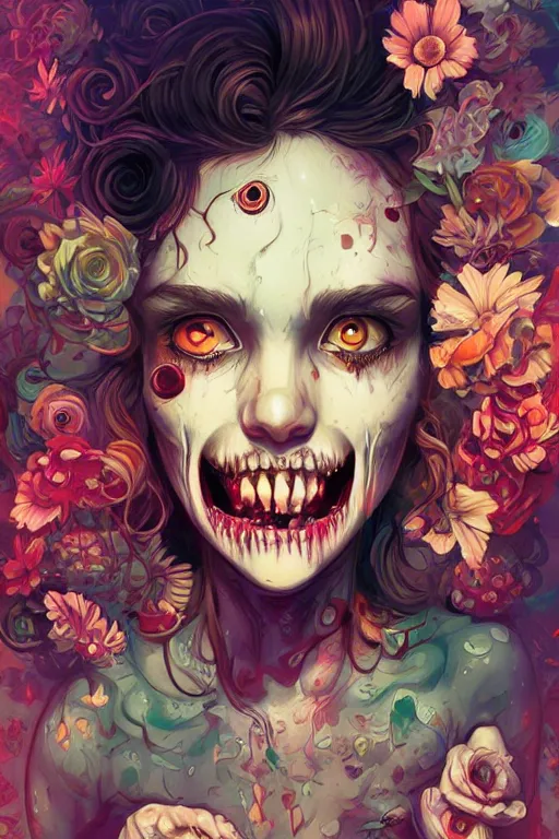 Image similar to a smiling cute zombie woman beautiful skin and wavy hair, tristan eaton, victo ngai, artgerm, rhads, ross draws