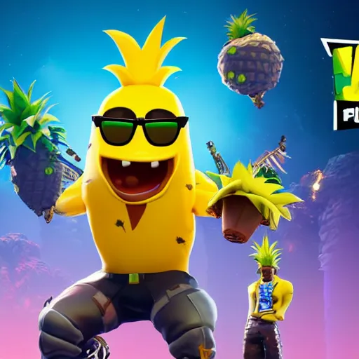 Prompt: anthropomorphic pineapple playing the video game fortnite, the pineapple is filled with beans